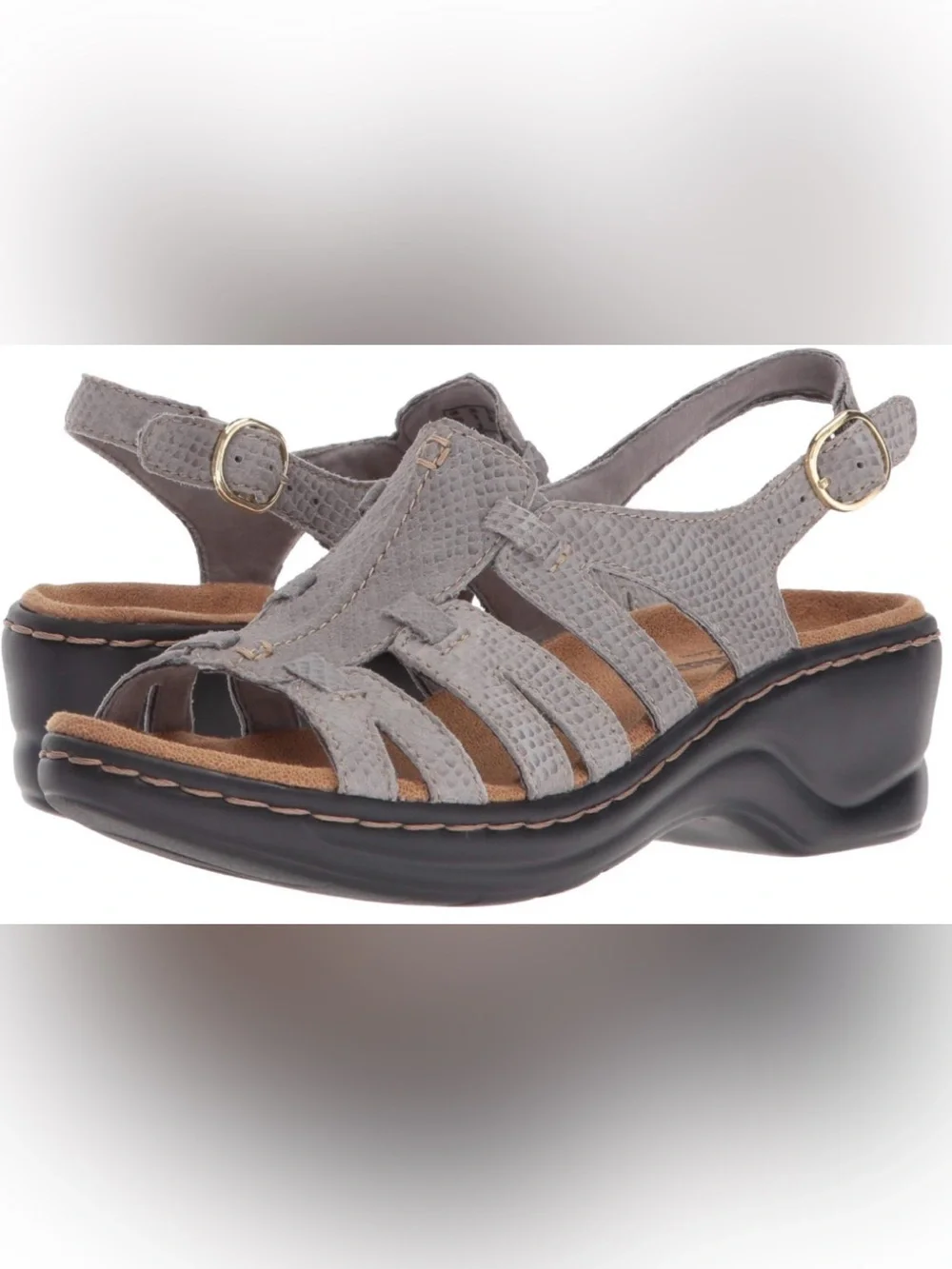 Clarks Lexi Marigold Gray Snake Print Suede Leather Wedge Sandals 6.5